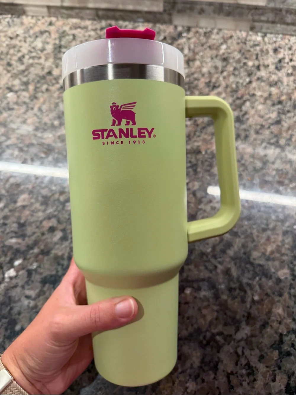 Stanley Light Green Travel Mug with Pink Logo and Accent